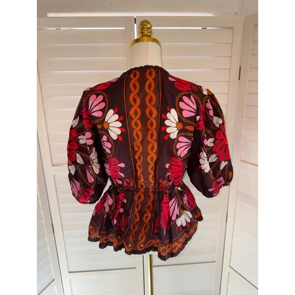 Farm Rio Blouse Womens Medium Brown Pink Floral Puff Sleeve Drawstring Top M